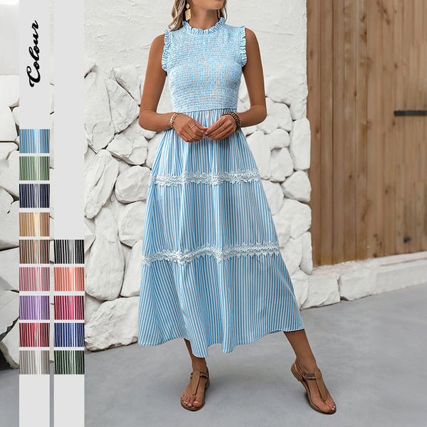 Striped A-Line Midi Dress with Smocked Bodice and Lace Trim