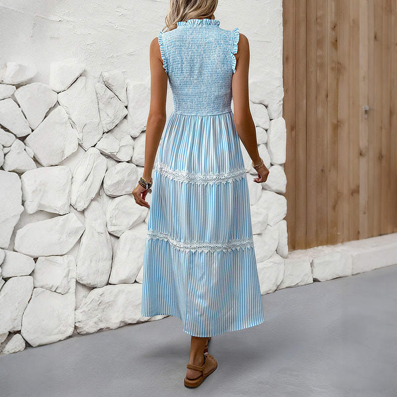 Striped A-Line Midi Dress with Smocked Bodice and Lace Trim