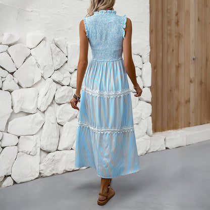 Striped A-Line Midi Dress with Smocked Bodice and Lace Trim