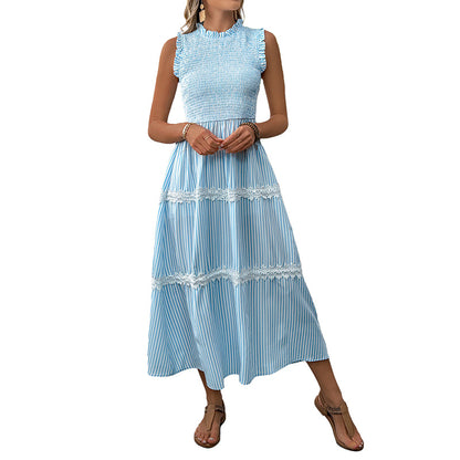Striped A-Line Midi Dress with Smocked Bodice and Lace Trim