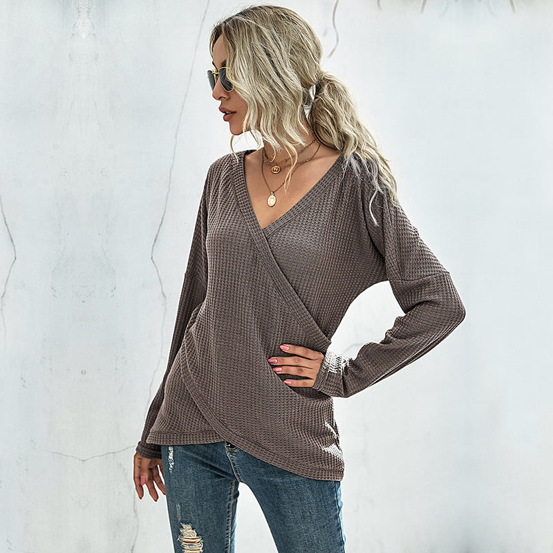 Solid Waffle Knit Wrap Top with Long Sleeves