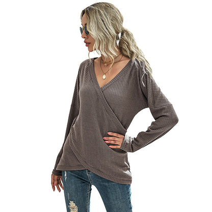 Solid Waffle Knit Wrap Top with Long Sleeves