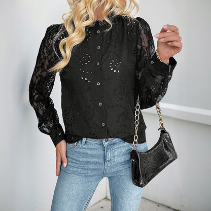 Eyelet Blouse with Lace Sleeves and Stand Collar