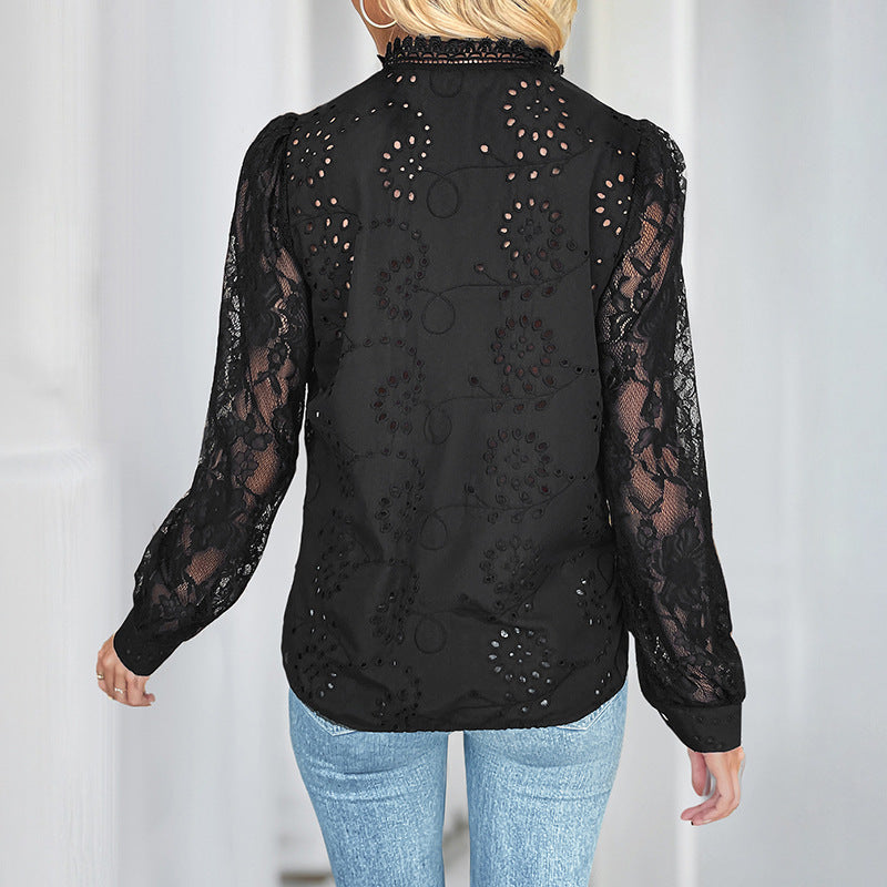 Eyelet Blouse with Lace Sleeves and Stand Collar