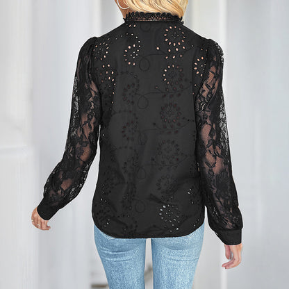 Eyelet Blouse with Lace Sleeves and Stand Collar