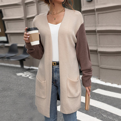 Color-Blocked Long Cardigan with Patch Pockets