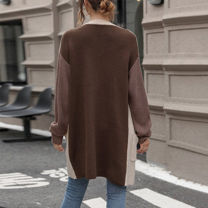 Color-Blocked Long Cardigan with Patch Pockets