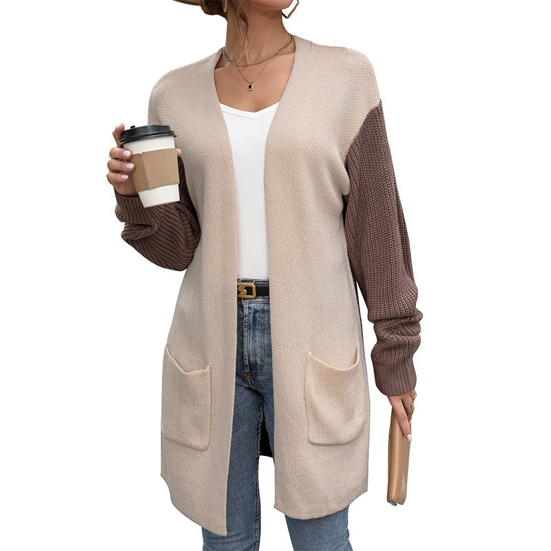 Color-Blocked Long Cardigan with Patch Pockets