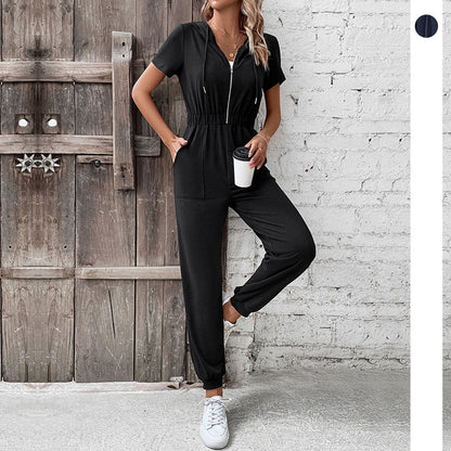 Solid Hooded Jumpsuit with Short Sleeves and Zip Front