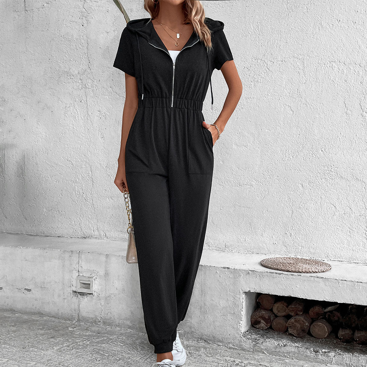 Solid Hooded Jumpsuit with Short Sleeves and Zip Front