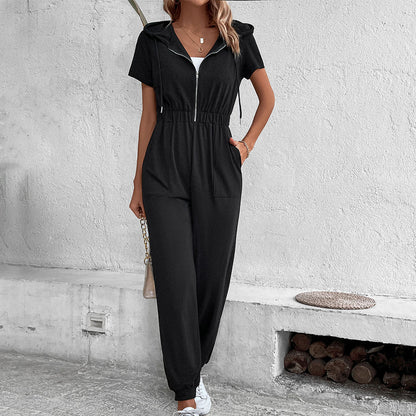 Solid Hooded Jumpsuit with Short Sleeves and Zip Front