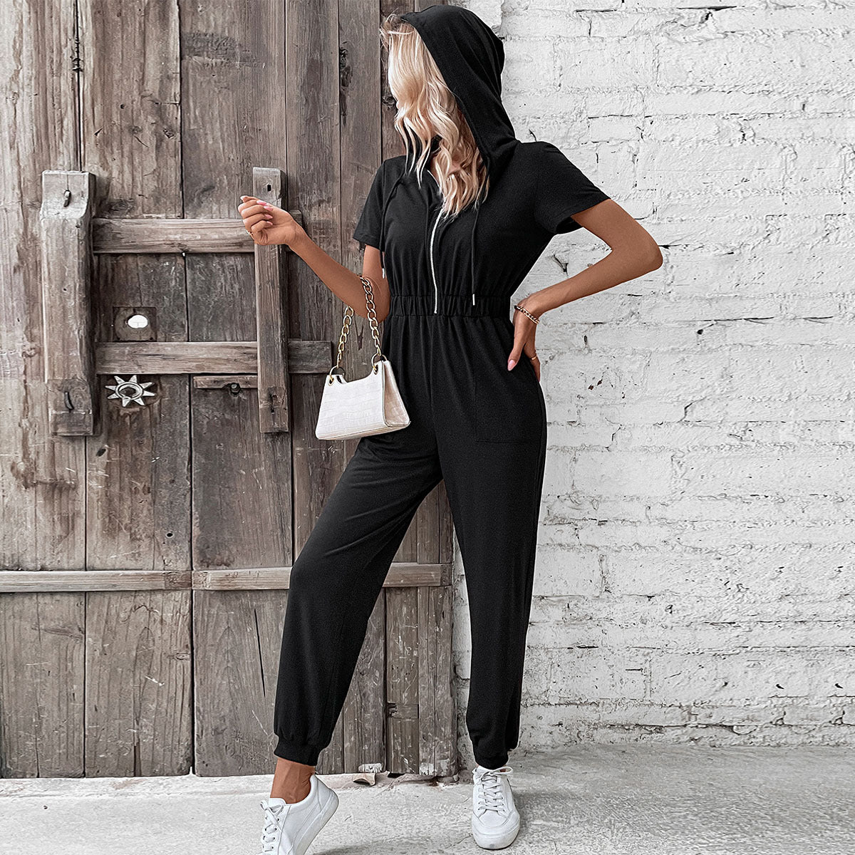 Solid Hooded Jumpsuit with Short Sleeves and Zip Front