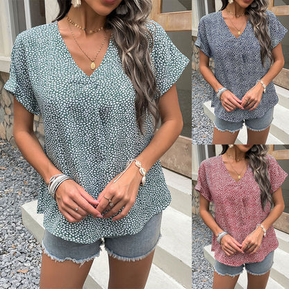 Ditsy Floral Print Blouse with V-Neck and Short Sleeves