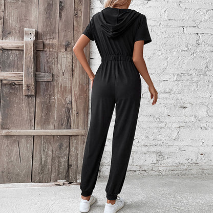 Solid Hooded Jumpsuit with Short Sleeves and Zip Front