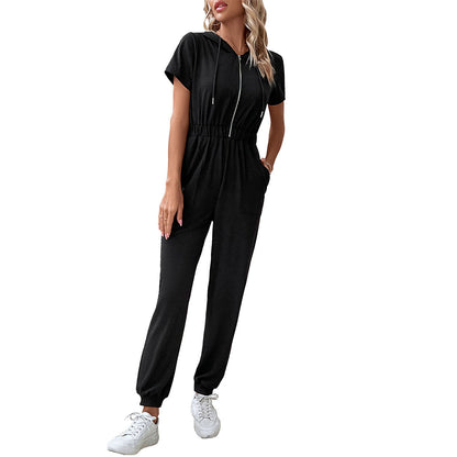 Solid Hooded Jumpsuit with Short Sleeves and Zip Front