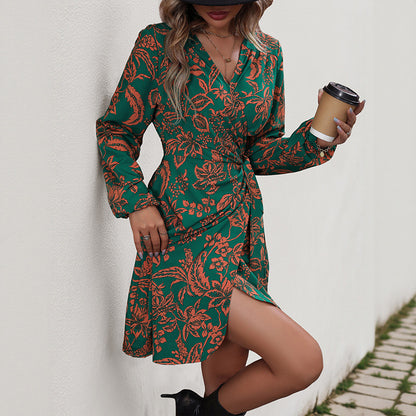 Floral Print Wrap Dress with V-Neck and Long Sleeves