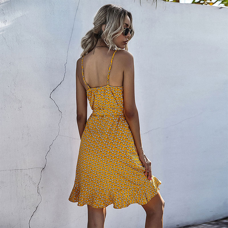 Floral Print Wrap Dress with V-Neck and Ruffled Hem