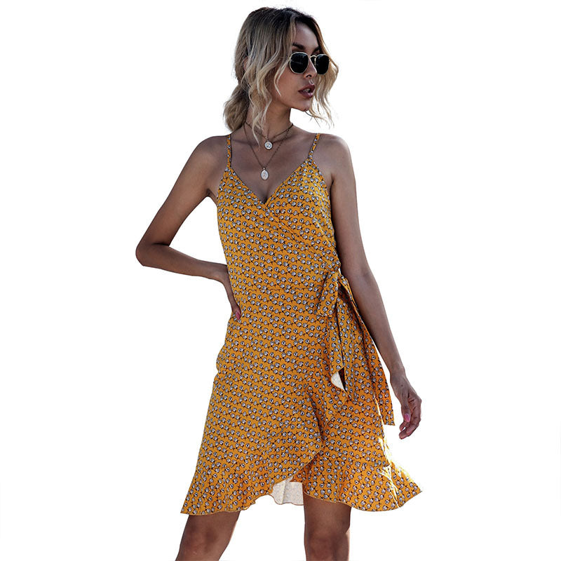 Floral Print Wrap Dress with V-Neck and Ruffled Hem