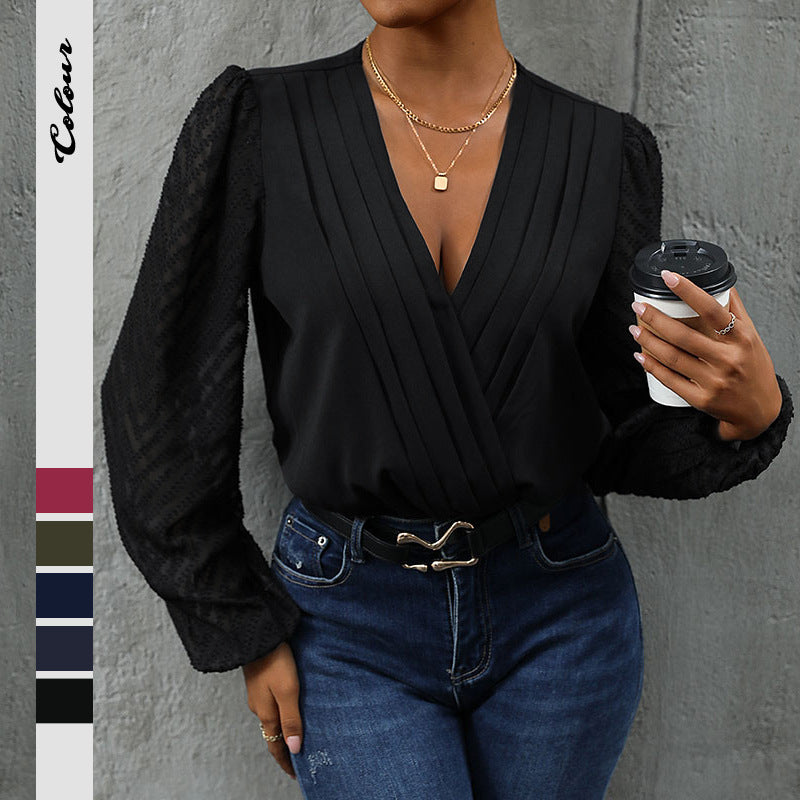 Wrap V-Neck Blouse with Pleated Front and Sheer Sleeves