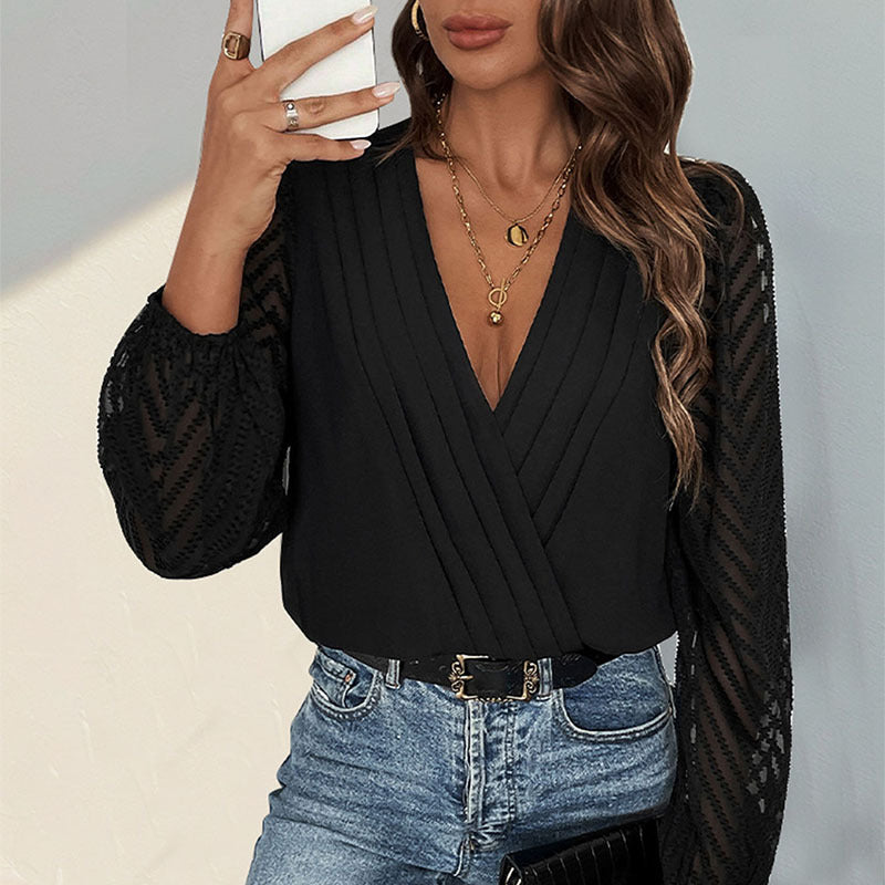 Wrap V-Neck Blouse with Pleated Front and Sheer Sleeves