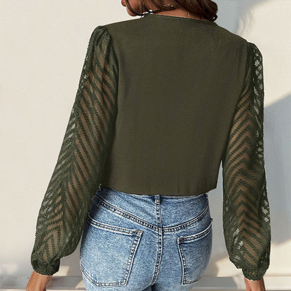 Wrap V-Neck Blouse with Pleated Front and Sheer Sleeves