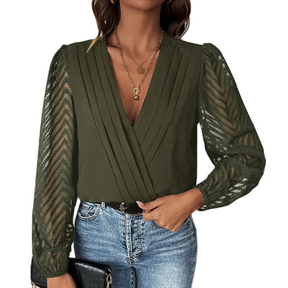 Wrap V-Neck Blouse with Pleated Front and Sheer Sleeves