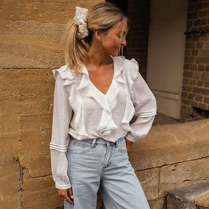 Loose Long Sleeve Blouse with Ruffle V-Neck and Lace Trim