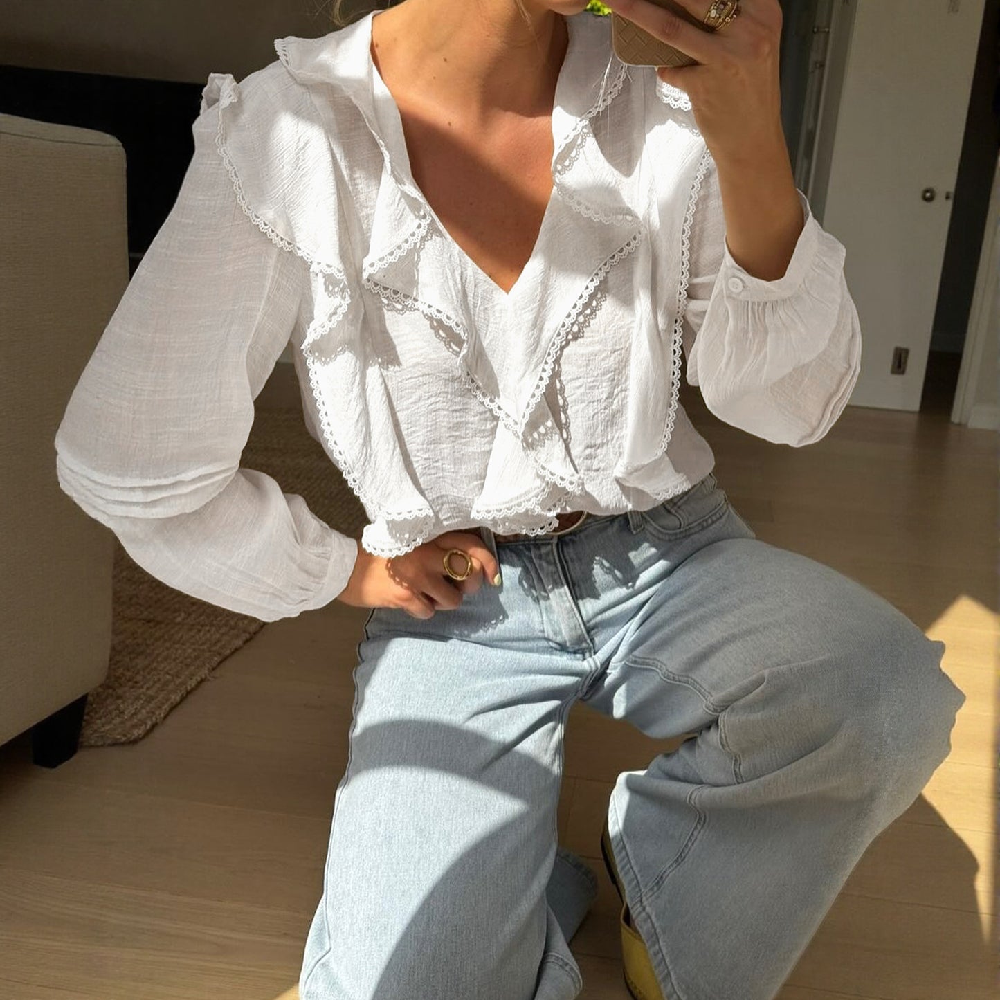 Loose Long Sleeve Blouse with Ruffle V-Neck and Lace Trim