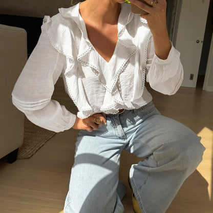 Loose Long Sleeve Blouse with Ruffle V-Neck and Lace Trim