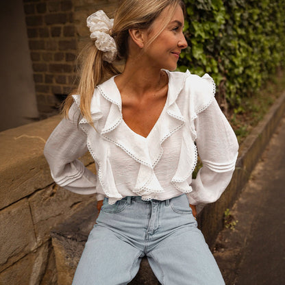Loose Long Sleeve Blouse with Ruffle V-Neck and Lace Trim