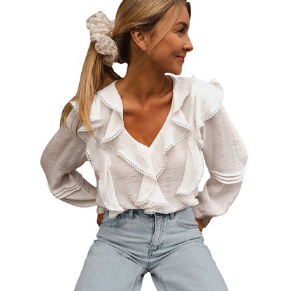 Loose Long Sleeve Blouse with Ruffle V-Neck and Lace Trim