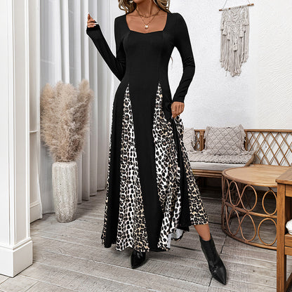 Leopard Print Patchwork Maxi Dress with Square Neck and Long Sleeves