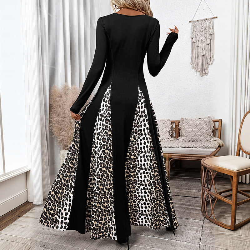 Leopard Print Patchwork Maxi Dress with Square Neck and Long Sleeves