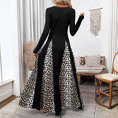 Leopard Print Patchwork Maxi Dress with Square Neck and Long Sleeves
