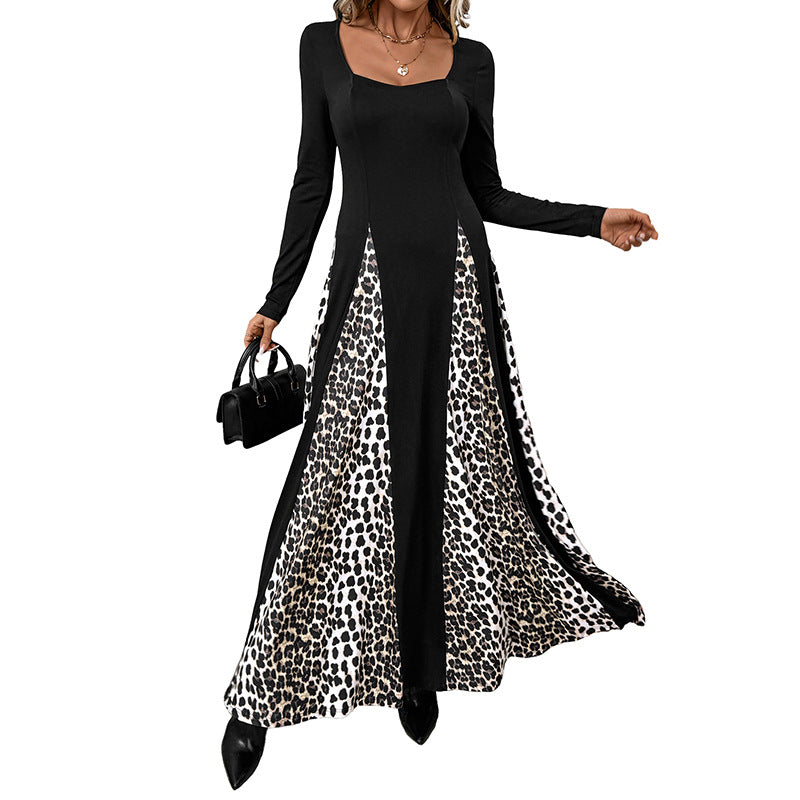 Leopard Print Patchwork Maxi Dress with Square Neck and Long Sleeves