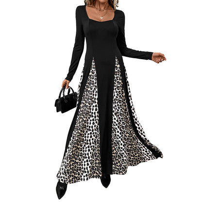 Leopard Print Patchwork Maxi Dress with Square Neck and Long Sleeves