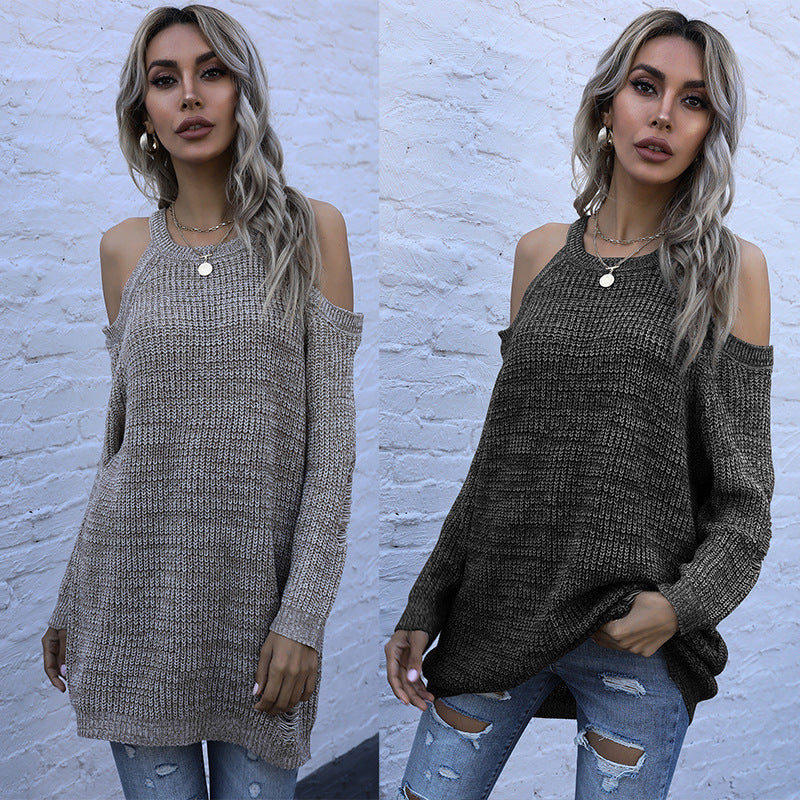 Solid Knit Tunic with Cold Shoulder and Crewneck