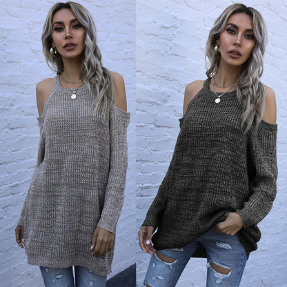 Solid Knit Tunic with Cold Shoulder and Crewneck