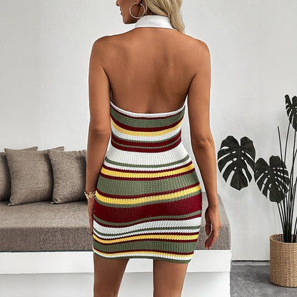 Striped Knit Mini Dress with Halter Neck Collar