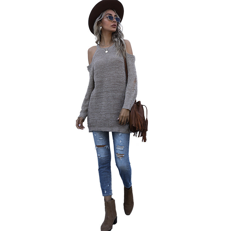 Solid Knit Tunic with Cold Shoulder and Crewneck