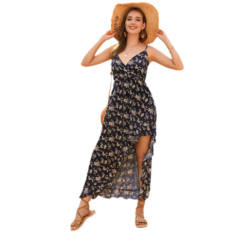 Floral V-Neck Dress with Ruffled High-Low Hem