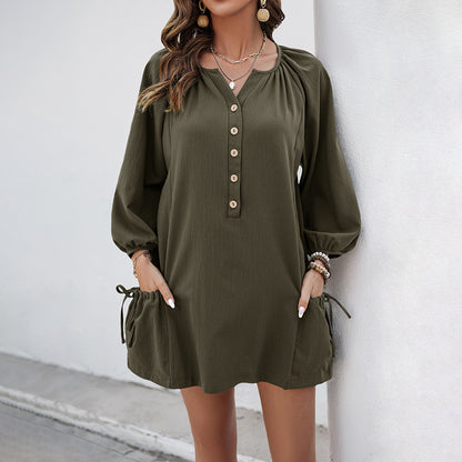 Loose Solid Mini Dress with V-Neck and Lantern Sleeves
