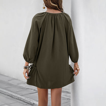 Loose Solid Mini Dress with V-Neck and Lantern Sleeves
