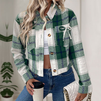 Plaid Cropped Shacket with Lapel Collar and Button Front