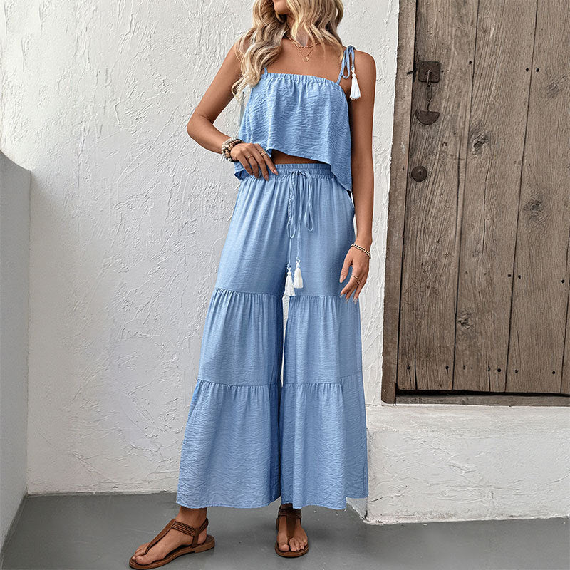 Solid Two-Piece Set with Tassel Camisole and Tiered Wide-Leg Pants