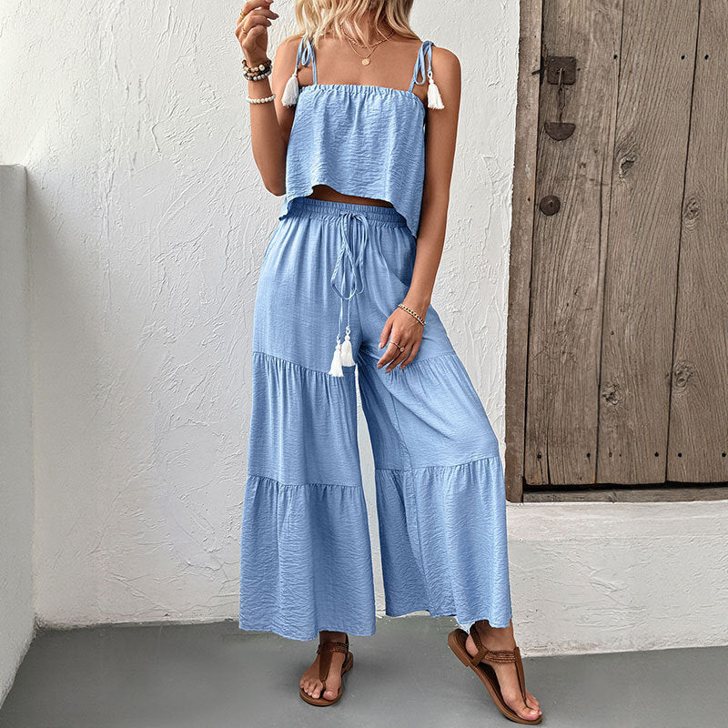 Solid Two-Piece Set with Tassel Camisole and Tiered Wide-Leg Pants