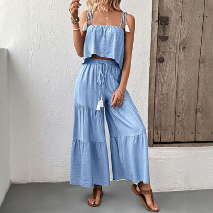 Solid Two-Piece Set with Tassel Camisole and Tiered Wide-Leg Pants