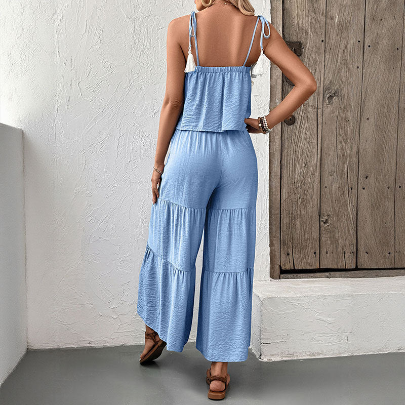 Solid Two-Piece Set with Tassel Camisole and Tiered Wide-Leg Pants
