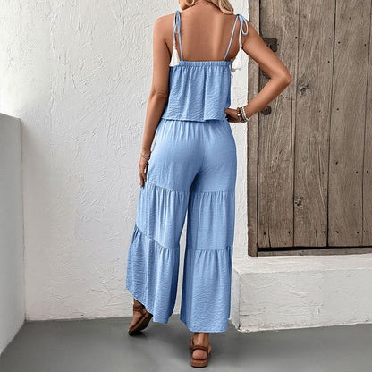 Solid Two-Piece Set with Tassel Camisole and Tiered Wide-Leg Pants