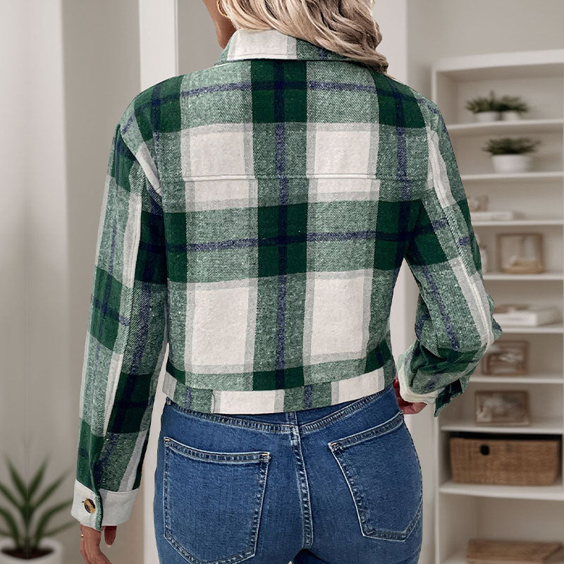Plaid Cropped Shacket with Lapel Collar and Button Front